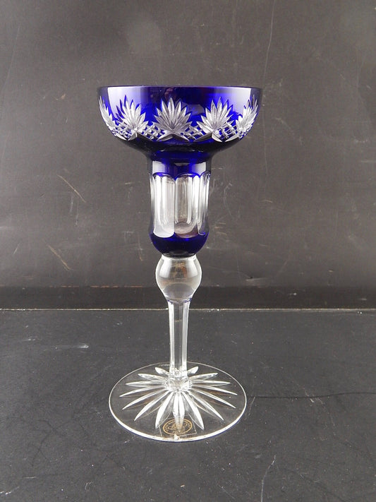 VINTAGE PREZIOSO PORTA CANDELA CRISTALLO ART DECO BOEMIA MOLATO BLU COBALTO