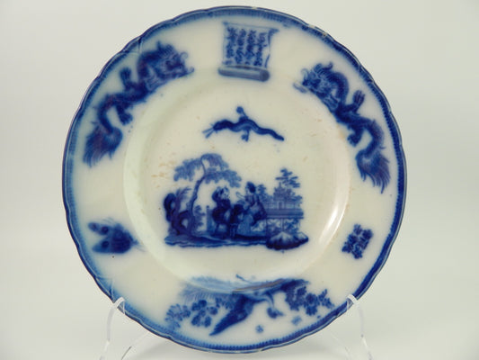BURSLEM RARO ANTICO PIATTO PORCELLANA FLOW BLUE META' 800 DECORO ORIENTALE