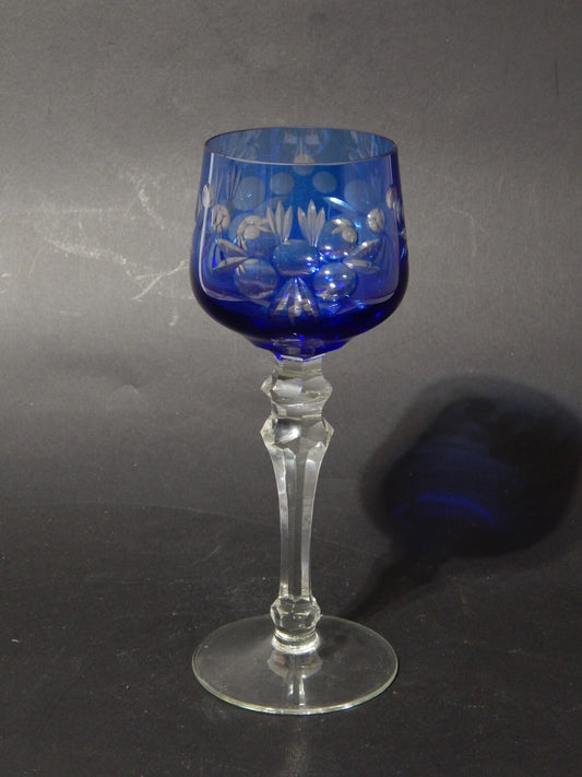 RETRO BICCHIERE CALICE CRISTALLO BOEMIA MOLATO INCISO BLU COBALTO DIFETTO