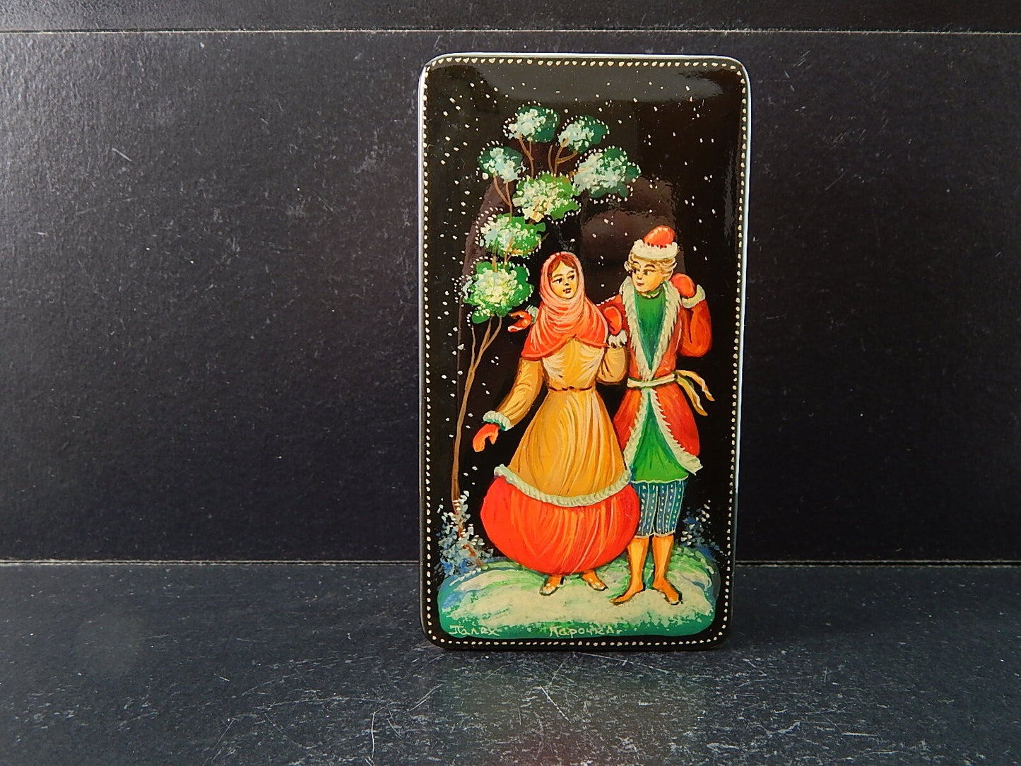 VINTAGE PREZIOSA SCATOLA COFANETTO RUSSO LEGNO LACCATO DIPINTA E FIRMATA #