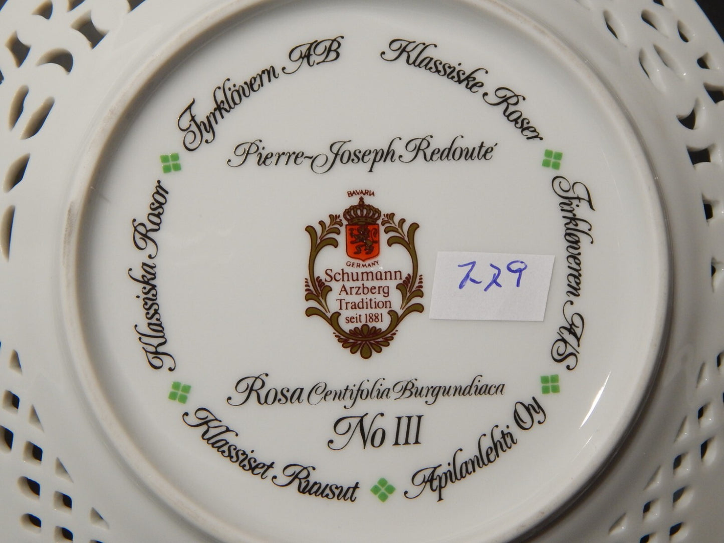 TRIO TAZZA PORCELLANA SCHUMANN BAVARIA PIERRE JOSEPH REDOUTE' ROSA BURGUNDIAN