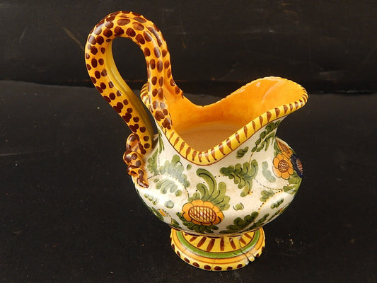 ANTICA LATTIERA BRICCO MAIOLICA CERAMICA POLICROMA FANTECHI ANSE A SERPE DIFETTI