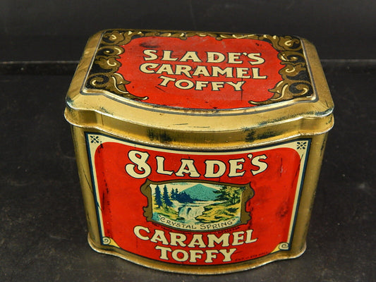 PUBBLICITARIO RARA VINTAGE SCATOLA LATTA MADE ENGLAND SLADE'S CARAMEL TOFFY