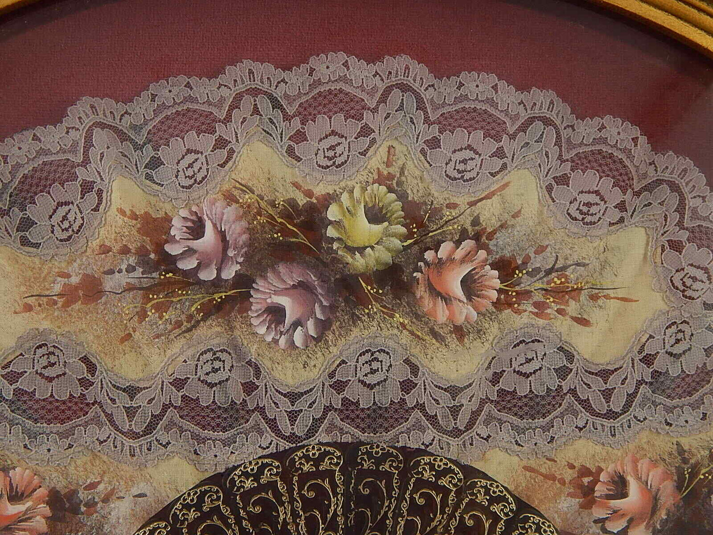 PREZIOSO ELEGANTE VENTAGLIO PIZZO E FIORI DIPINTI CON VENTAGLIERA COLLEZIONE
