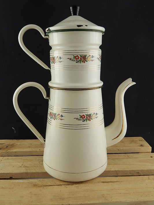 VINTAGE FRANCIA CAFFETTIERA LATTA SMALTATA PORCELLANATA FIORELLINI PROFILI ORO