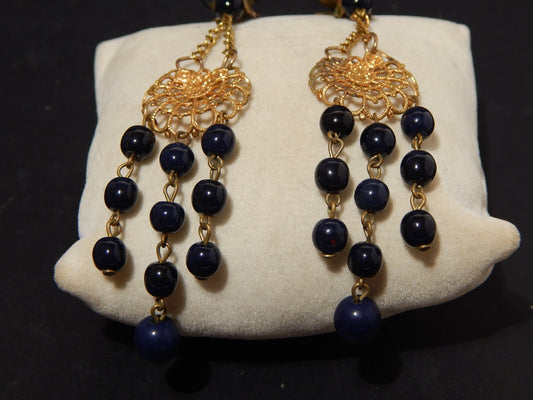 VINTAGE ORECCHINI PENDENTI DORATI CON PERLE BLU GIOIELLI BIJOUX ACCESSORI