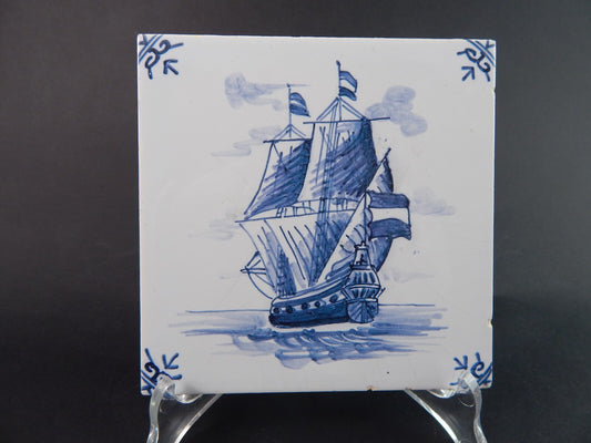 VINTAGE AUTENTICA PIASTRELLA MATTONELLA PORCELLANA DI DELFT BIANCO BLU VELIERO