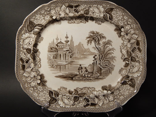 ANTICO VASSOIO CERAMICA POTTERY J. MARSHALL & CO BOSPHORUS STAMPA A MANO MARRONE