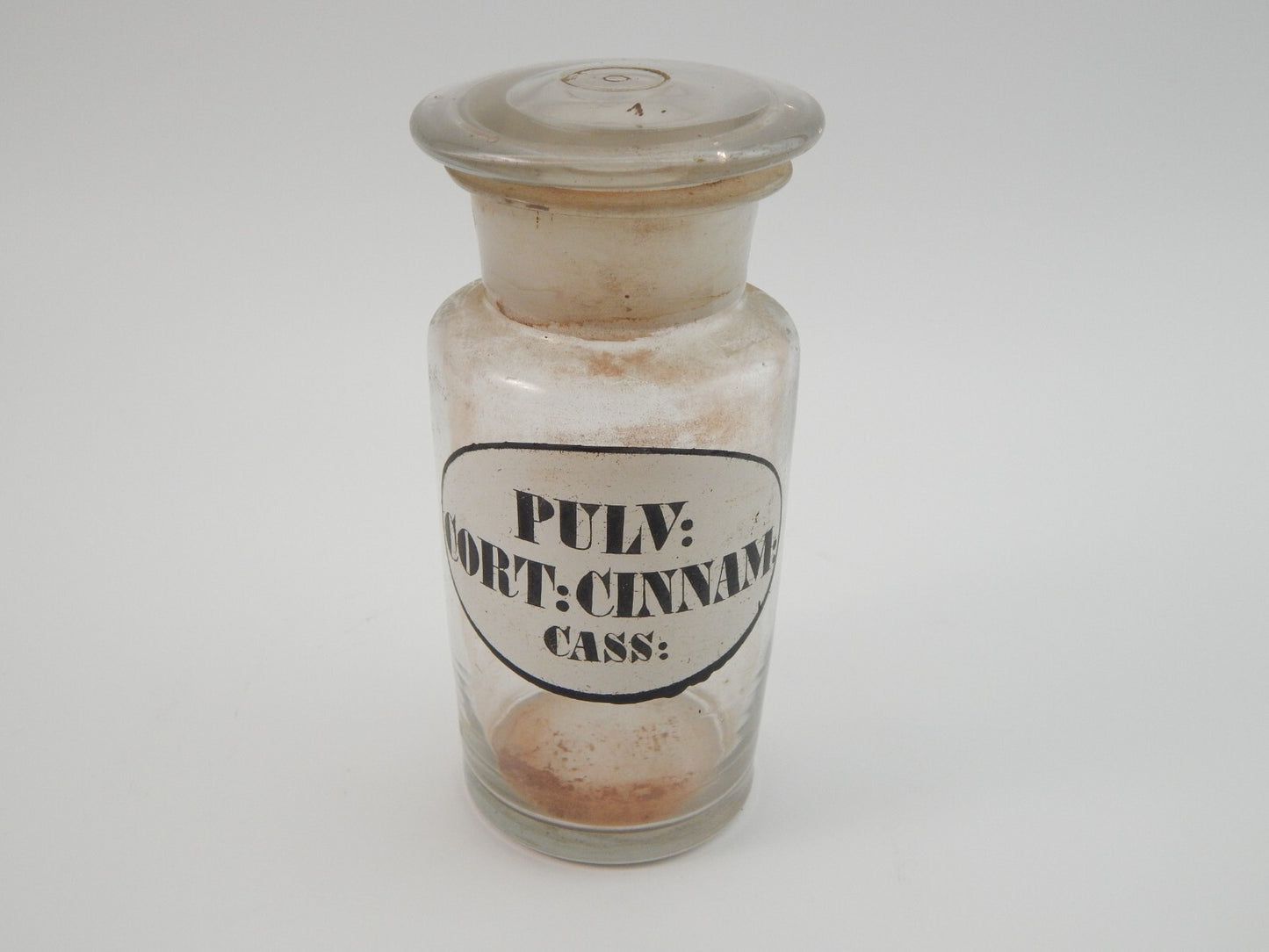 ANTICO VASO BARATTOLO VETRO SOFFIATO FARMACIA ETICHETTA PULV CORT CINNAM CASS