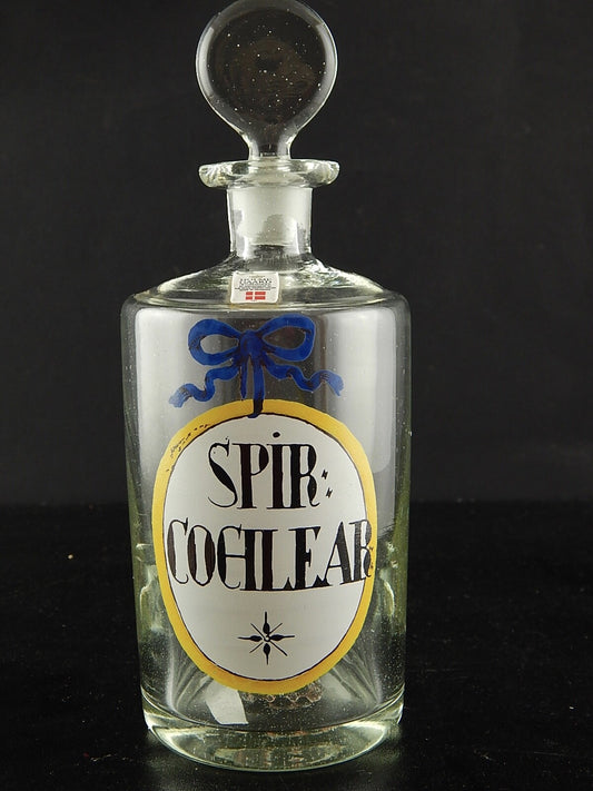 VINTAGE HOLMEGAARD FARMACIA BOTTIGLIA VETRO SOFFIATO DIPINTA MANO SPIR COCHLEAR