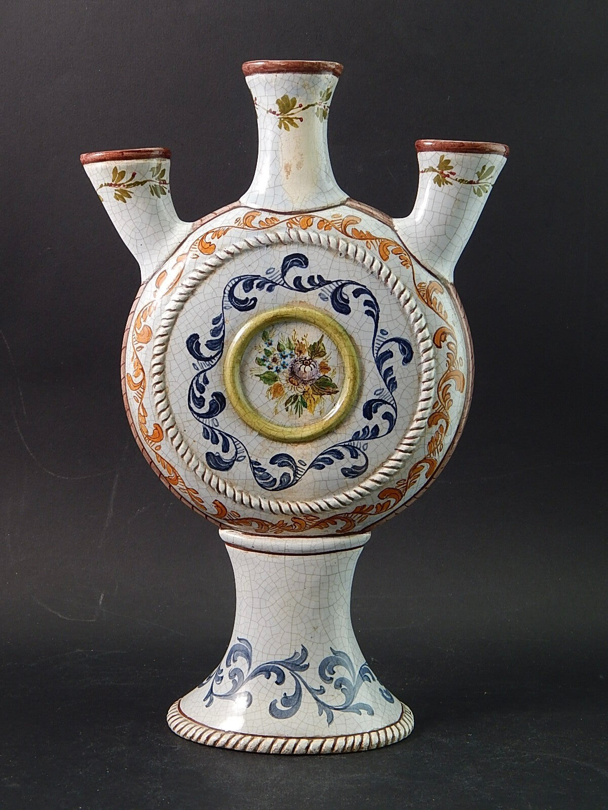 ANTICO RARISSIMO VASO TULIPANIERA CERAMICA MAIOLICA ITALIANA DIPINTO POLICROMO