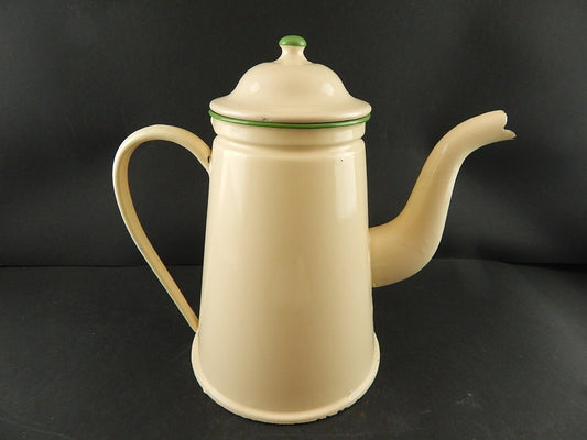 VINTAGE GRANDISSIMA CAFFETTIERA LATTA SMALTATA PORCELLANATA COLOR CREMA E VERDE