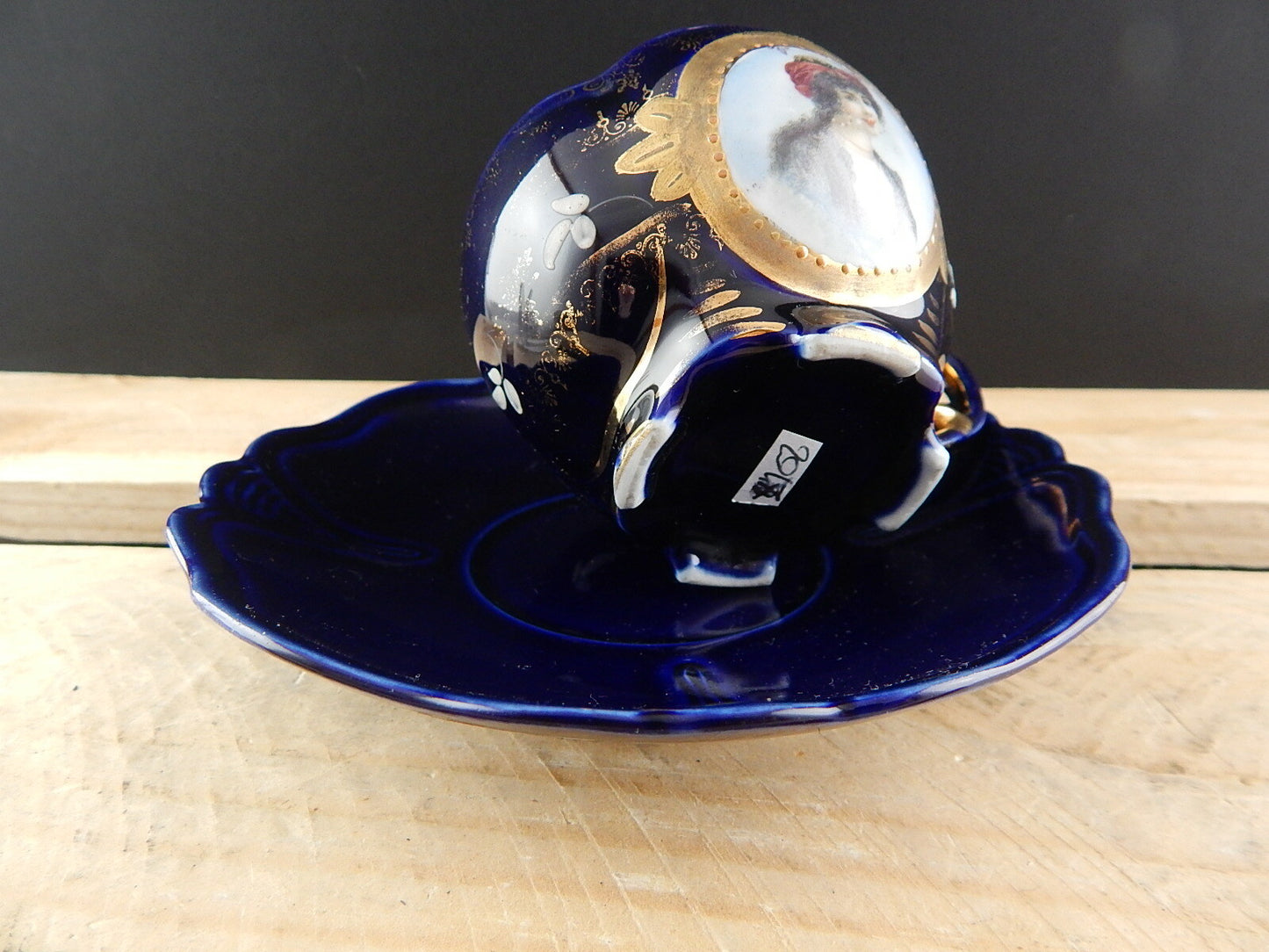 ANTICA PREZIOSA TAZZA PIATTO PORCELLANA ART NOUVEAU BLU COBALTO COLLEZIONE 1900