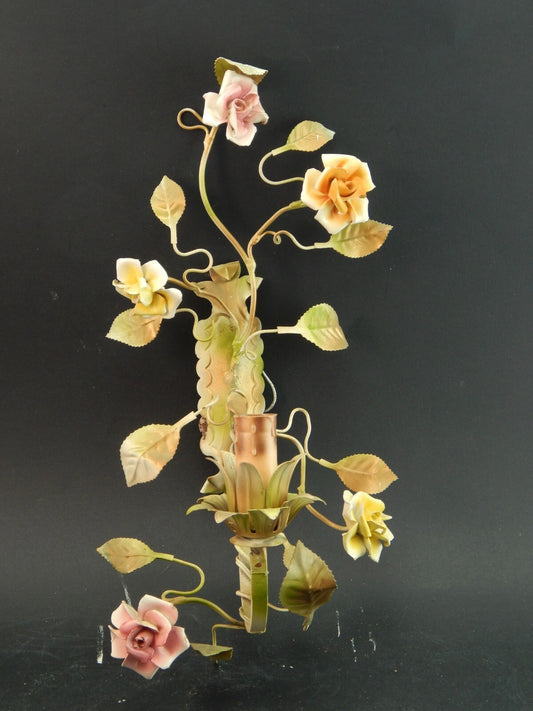 APPLIQUE 1 FUOCO ANTICA LIBERTY FERRO BATTUTO E ROSE CERAMICA POLICROME #1735