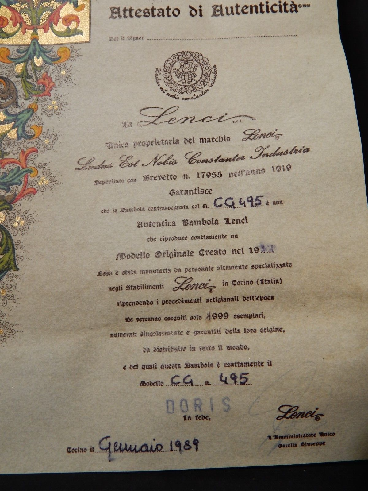 BAMBOLA LENCI TORINO MODELLO DORIS MADE IN ITALY CON SCATOLA E CERTIFICATO 1989