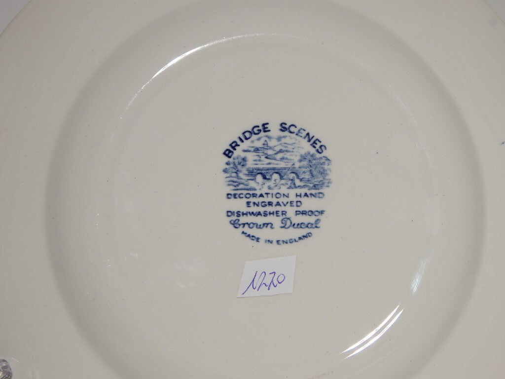 ANTICA PIATTO INGLESE CROWN DUCAL SEMI PORCELLANA BRIDGE SCENES BIANCO BLU