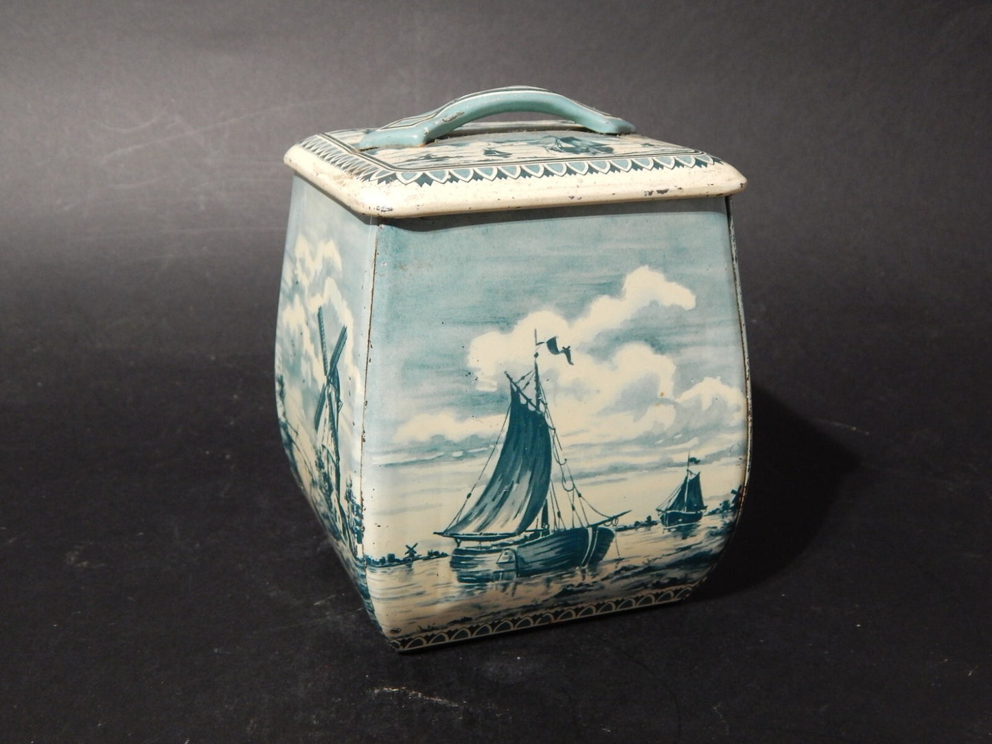 COLLEZIONE RETRO ORIGINALE RARA SCATOLA LATTA CON MARINA E MULINO A VENTO