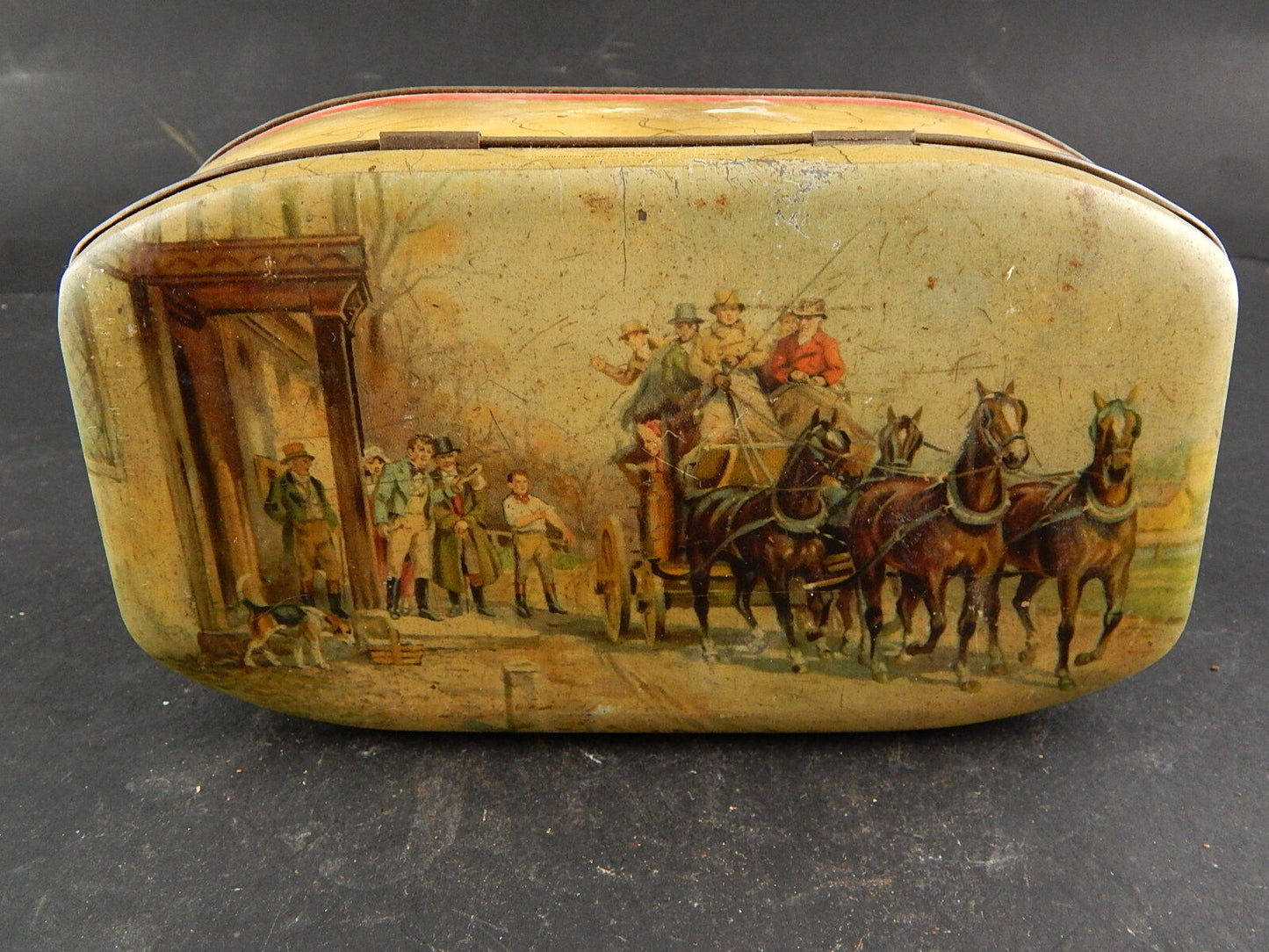 COLLEZIONE ANTICA ORIGINALE SCATOLA DI LATTA STAMPATA CARROZZA DILIGENZA