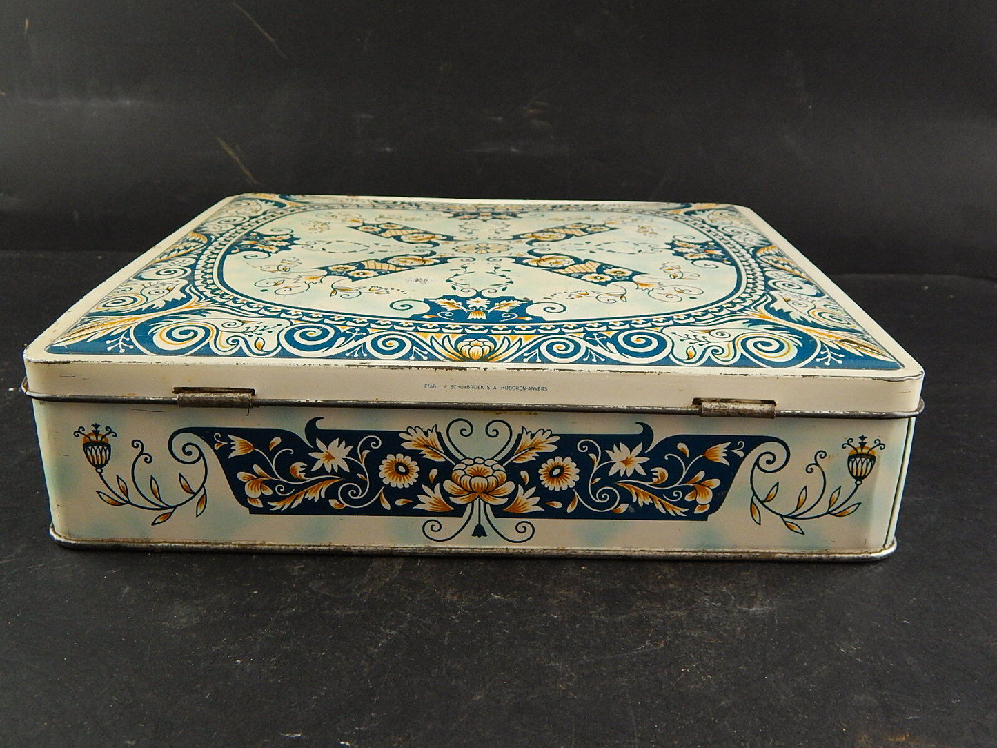 COLLEZIONE ANTICA ORIGINALE SCATOLA DI LATTA STAMPATA DECORI ARABESCHI ROUEN