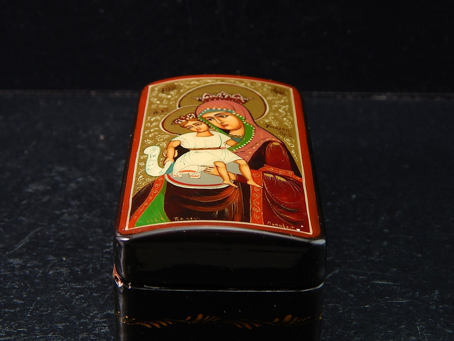 VINTAGE PREZIOSA SCATOLA COFANETTO RUSSO LEGNO LACCATO ICONA DIPINTA E FIRMATA
