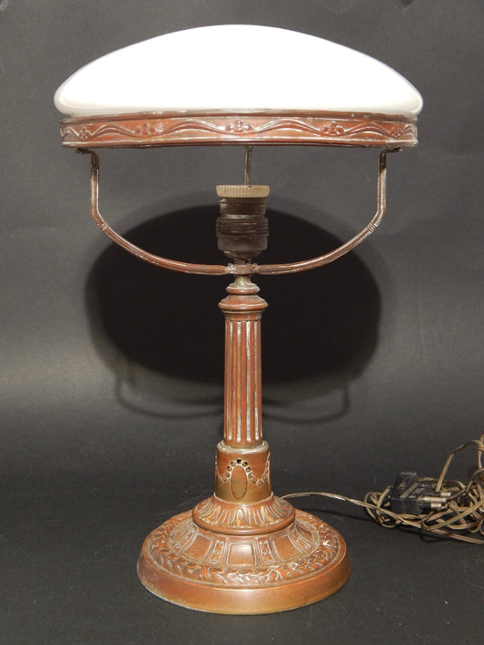 ANTICA ORIGINALE ELEGANTE LAMPADA TAVOLO STILE CLASSICO BRONZO E OPALINO BIANCO