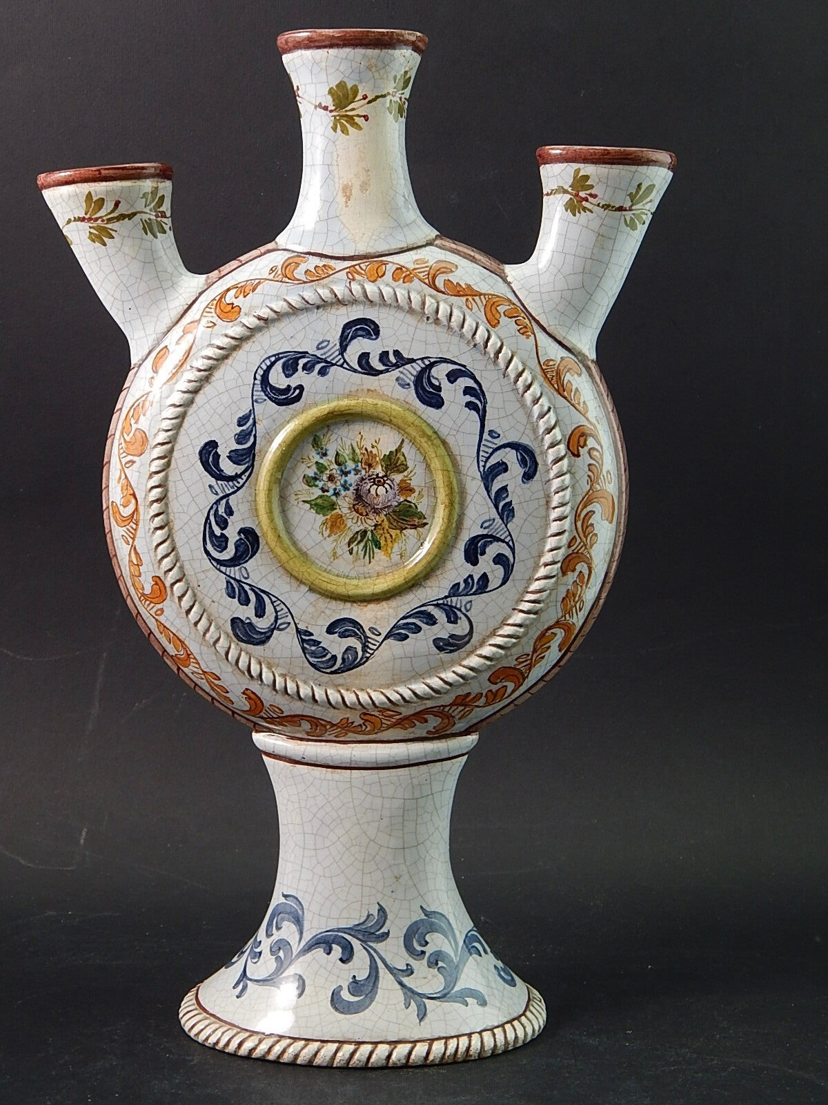ANTICO RARISSIMO VASO TULIPANIERA CERAMICA MAIOLICA ITALIANA DIPINTO POLICROMO