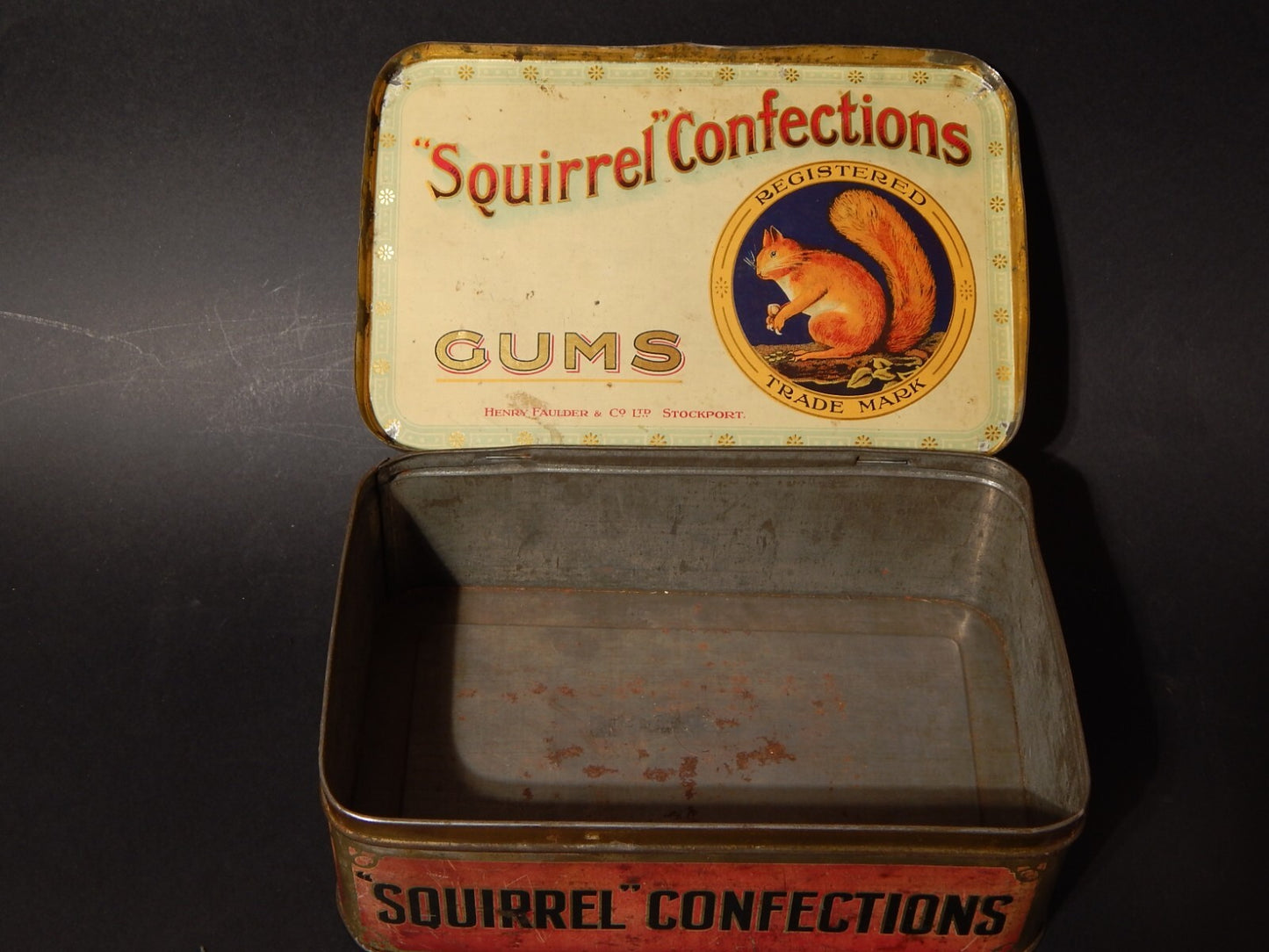 COLLEZIONE ANTICA ORIGINALE RARA SCATOLA LATTA INGLESE SQUIRREL CONFECTIONS