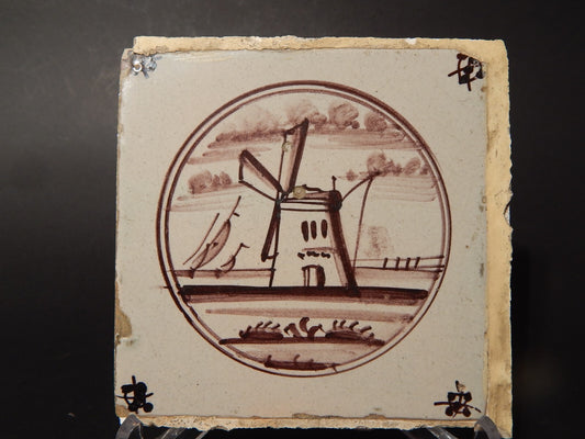 ANTICA PIASTRELLA MATTONELLA CERAMICA DELFT DEL 1700 DECORO AL MANGANESE (483)