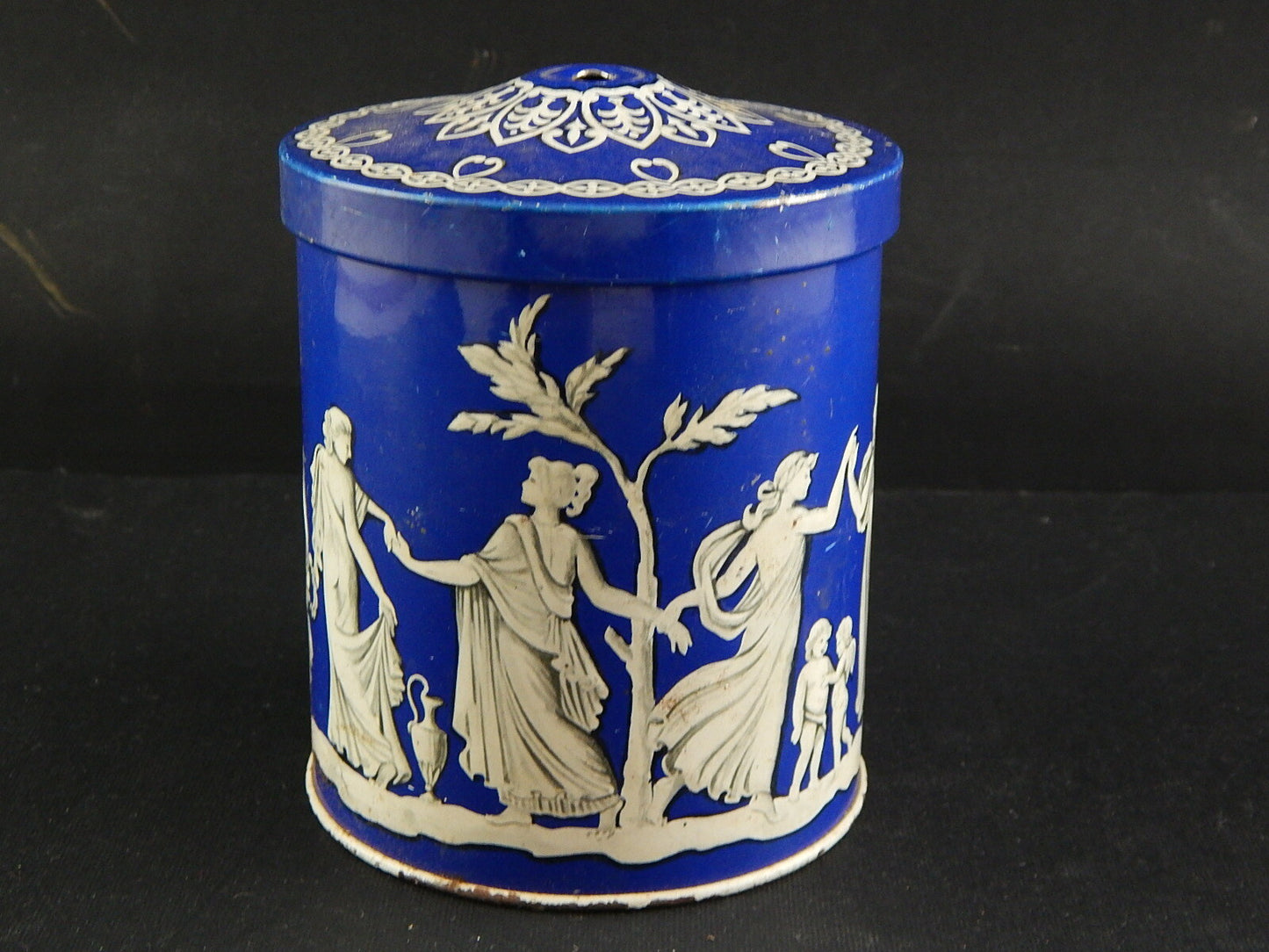 COLLEZIONE VINTAGE ORIGINALE SCATOLA DI LATTA BLU COBALTO FIGURE MITOLOGIA