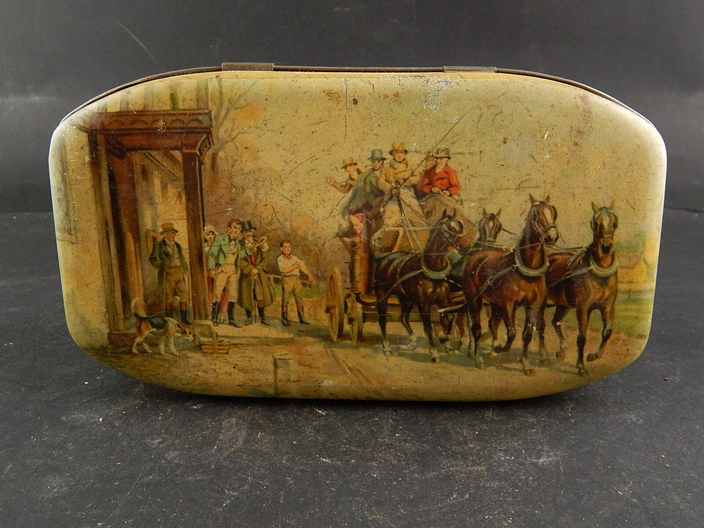 COLLEZIONE ANTICA ORIGINALE SCATOLA DI LATTA STAMPATA CARROZZA DILIGENZA