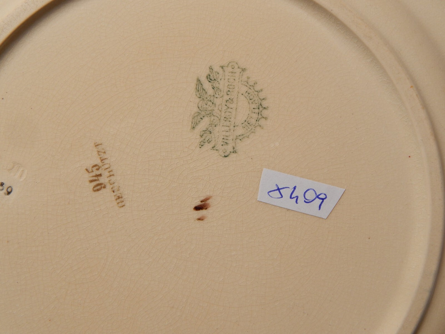 ANTICO RARO PIATTO CERAMICA VILLEROY&BOCH METTLACH DI FINE 1800 CM. 24,5 DIFETTO