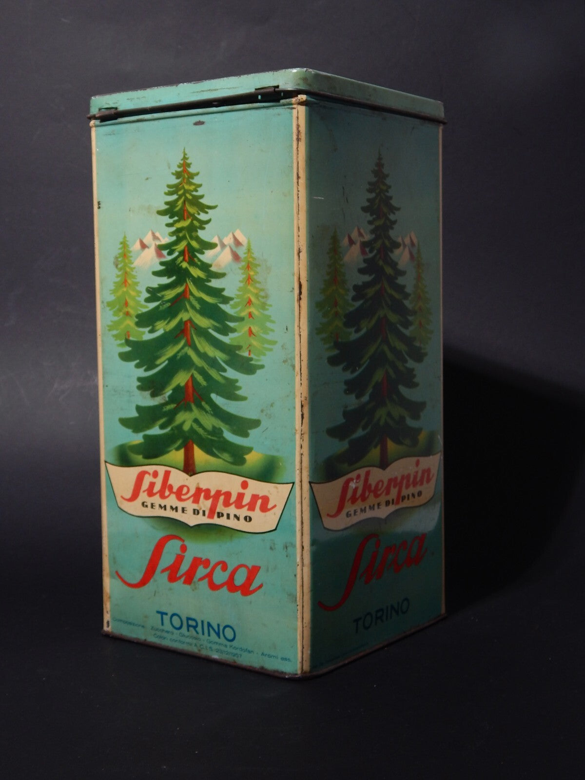 PUBBLICITARIO RARA VINTAGE SCATOLA LATTA GEMME DI PINO SIBERPIN SIRCA TORINO