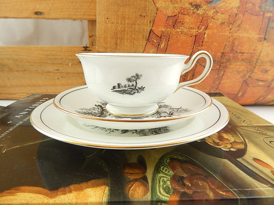 ANTICO SET TRIO DA TÈ PORCELLANA ROYAL CHELSEA LITOGRAFIA H. FENNELL PASTORALE