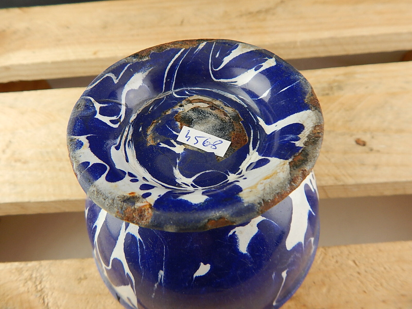 ANTICA SCODELLA CIOTOLA LATTA METALLO SMALTATA CAMOUFLAGE BLU COUNTRY CHIC