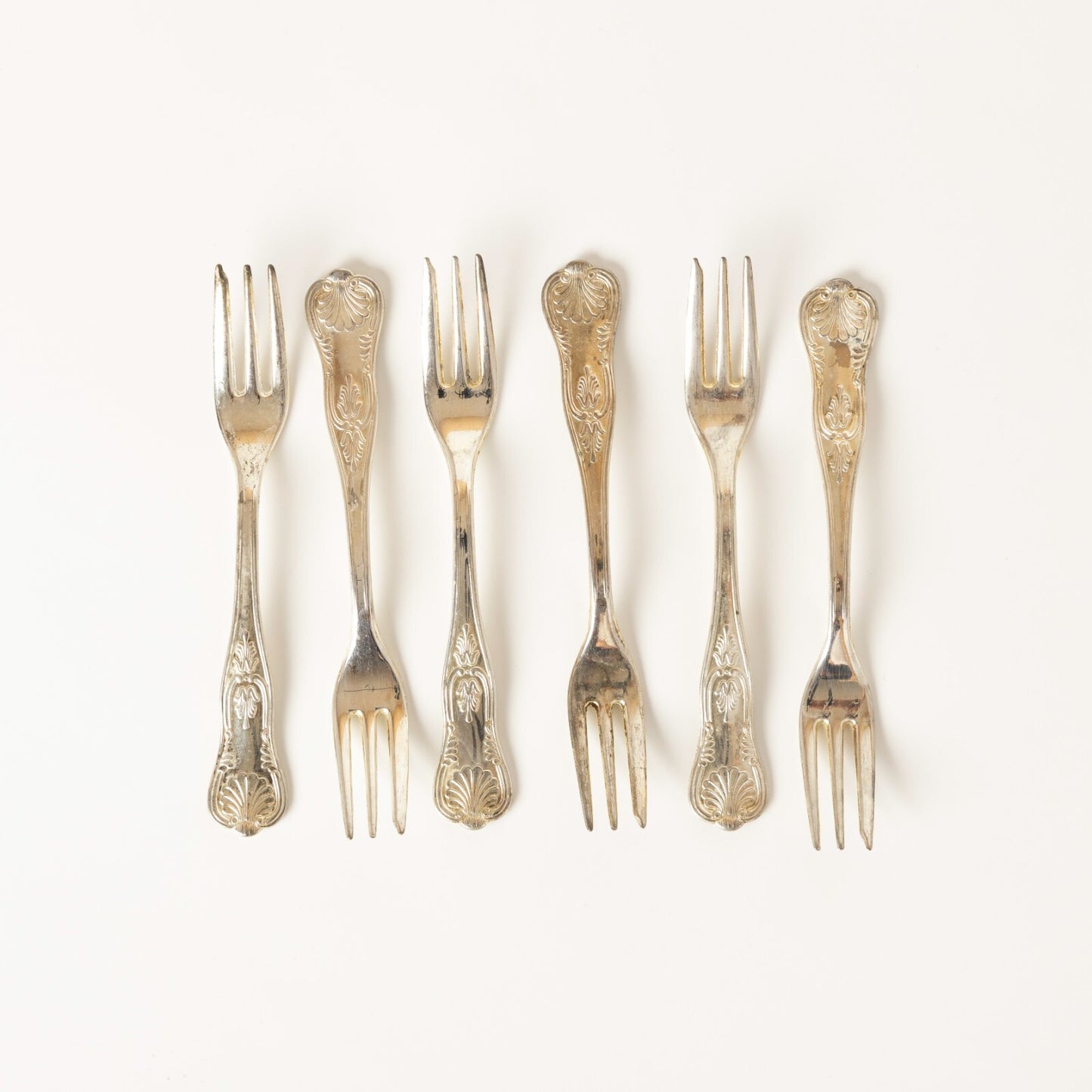 VINTAGE SET 6 FORCHETTE TORTA ARGENTATE ARG. 800 STILE ROCAILLE CONCHIGLIA