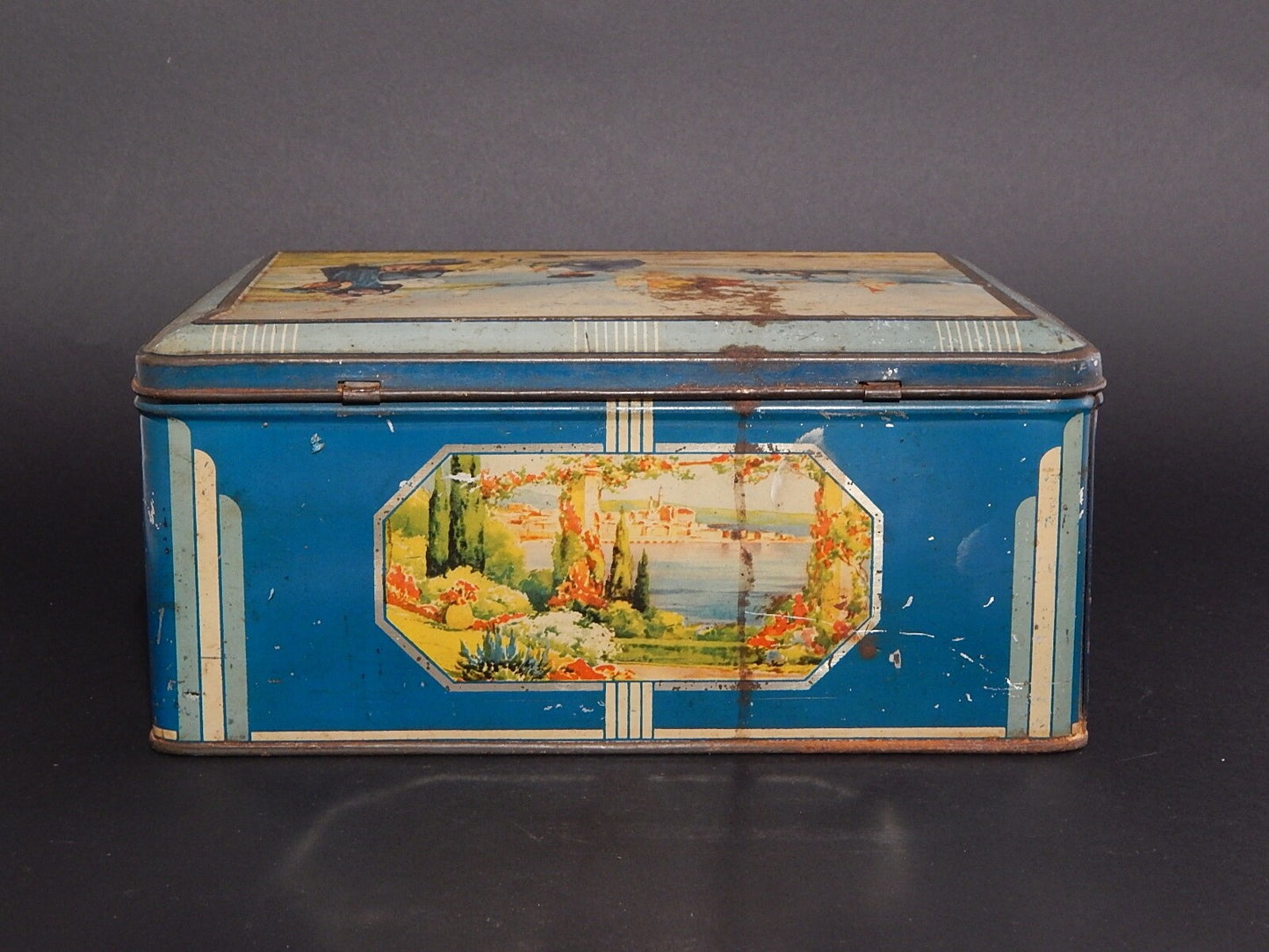 ANTICA RARA SCATOLA LATTA PUBBLICITARIA FLAN MARQUISE TOULON PARIS ANNI 30