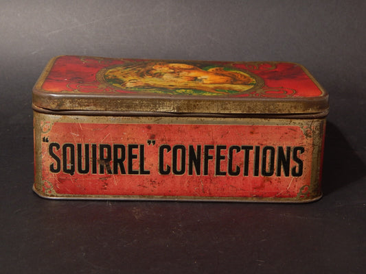COLLEZIONE ANTICA ORIGINALE RARA SCATOLA LATTA INGLESE SQUIRREL CONFECTIONS