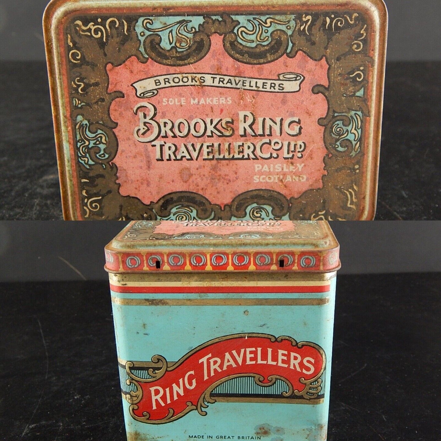 ANTICA SCATOLA LATTA PRIMO 900 RING TRAVELLERS BROOKS PAISLEY & MANCHESTER