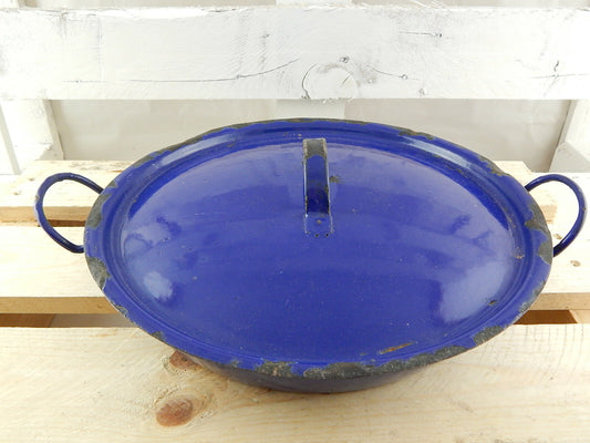 ANTICA PADELLA CON COPERCHIO LATTA METALLO SMALTATA BIANCA E BLU 2 LEONI BASSANO