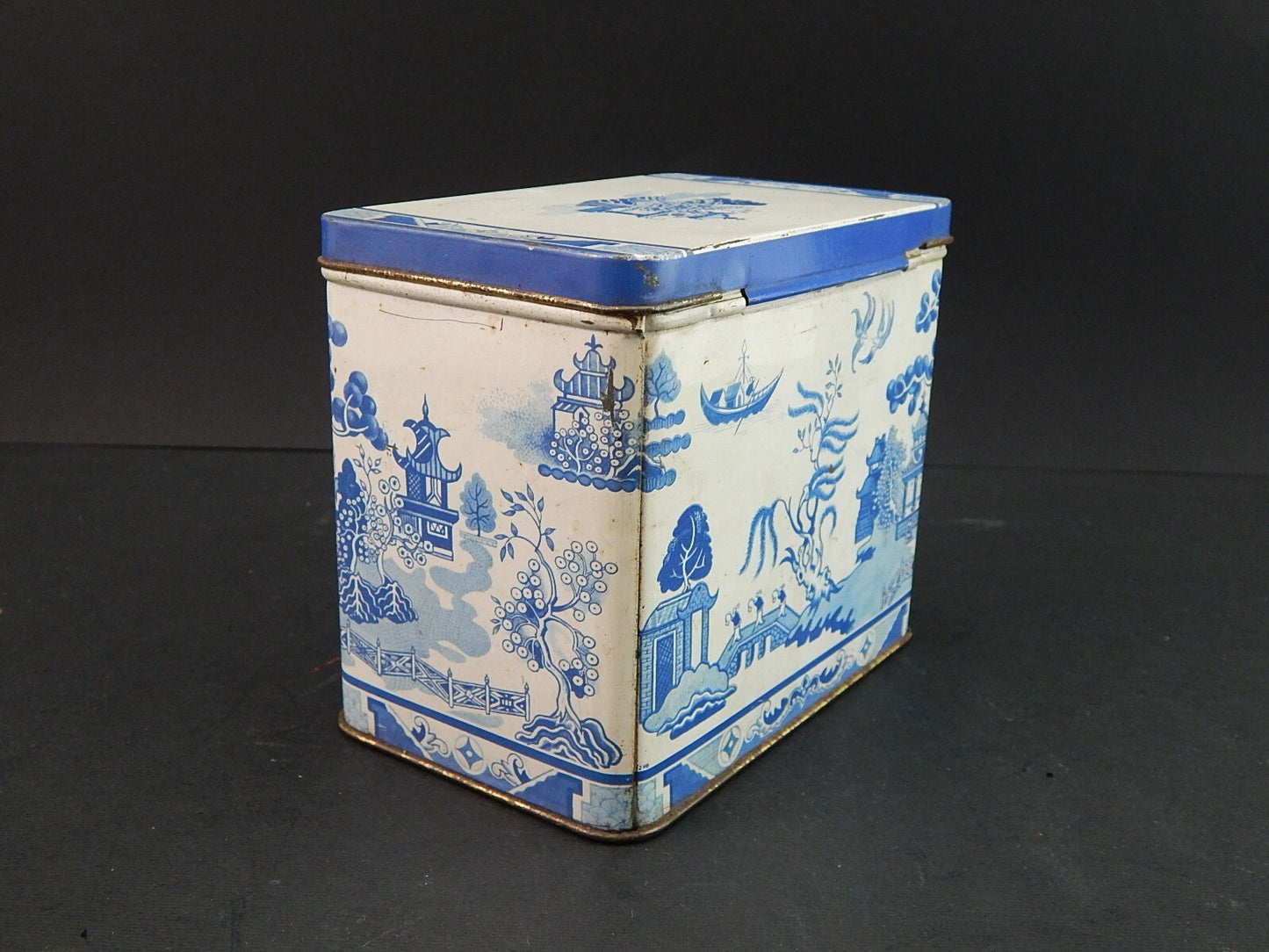 COLLEZIONE ANTICA ORIGINALE SCATOLA LATTA TE' DECORO WILLOW BIANCA BLU