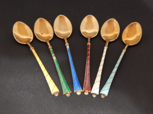 6 PREZIOSI ORIGINALI CUCCHIAINI ARGENTO STERLING 925 DORATI SMALTATI DENMARK