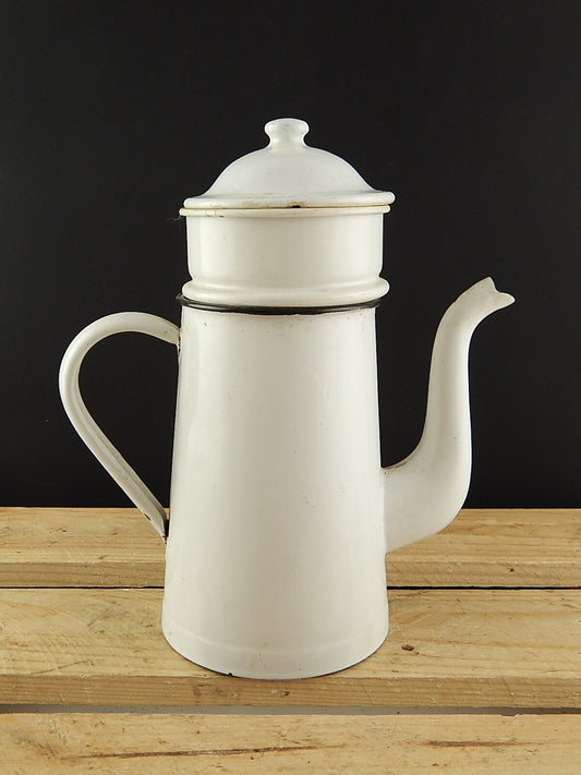 VINTAGE CAFFETTIERA LATTA SMALTATA PORCELLANATA BIANCA COUNTRY CHIC DUE LEONI