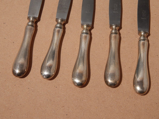 ANTICHE POSATE SET 5 COLTELLI DA DESSERT MANICI ARGENTATI BERNDORF KRUPP ANNI 20