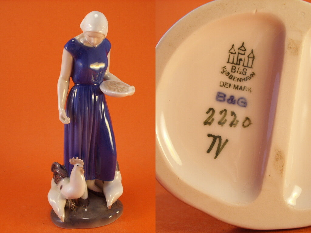 Bing&Grondahl porcellana Statuina "Ragazza che dà da mangiare ai polli" Cod 2220 d'antiquariato, 24 cm