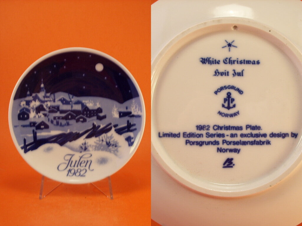 Piatto Porsgrund Julen 1982 decorato a mano sottosmalto blu