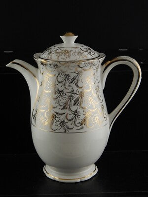 ANTICA RARA CAFFETTIERA SARREGUEMINES DIGOIN 1920 CERAMICA BIANCA ORO ZECCHINO
