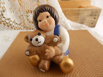 VINTAGE AUTENTICA CERAMICA THUN BOLZANO STATUINA BAMBINA CON ORSETTO FAIENCE