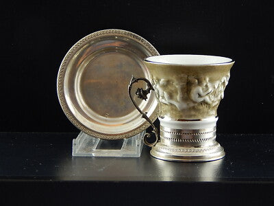 PREZIOSA TAZZINA BASE E PIATTINO ARGENTO 800 PORCELLANA MAS REGIO CAPODIMONTE