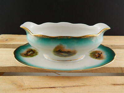 ANTICA FINE 800 SALSIERA PORCELLANA AUSTRIA VIENNA VERDE E ORO DIPINTA ANATRE
