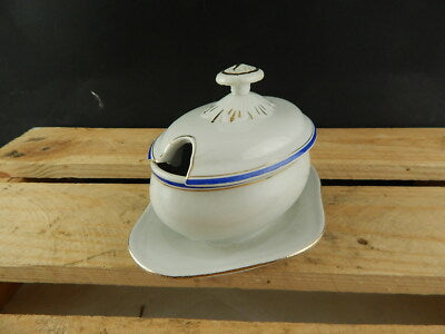 ANTICA SALSIERA CON COPERCHIO CERAMICA BIANCA E BLU LAVENO 1913 VERBANUM STONE